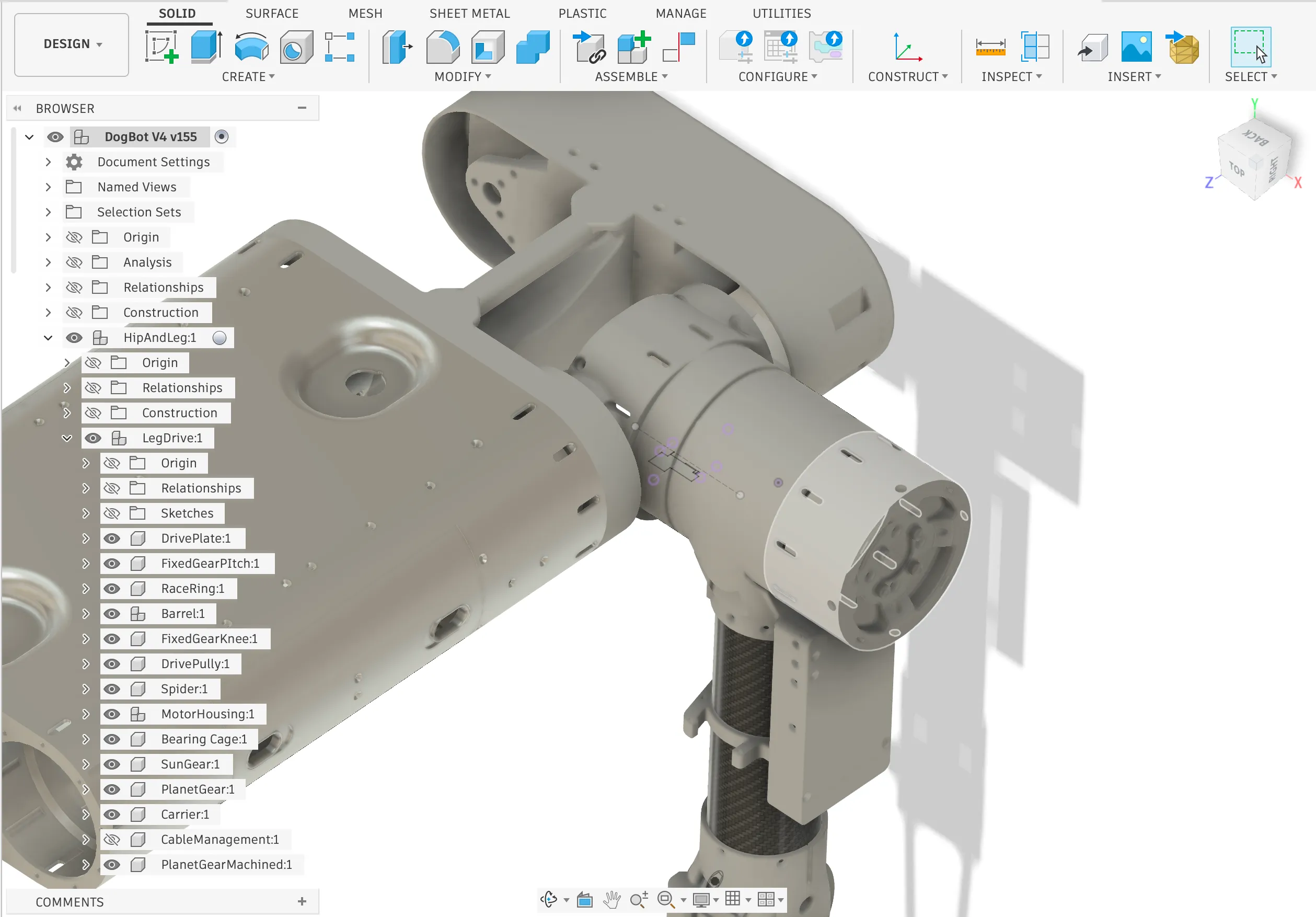 DogBot's hip-and-leg assembly modelled in Fusion 360
