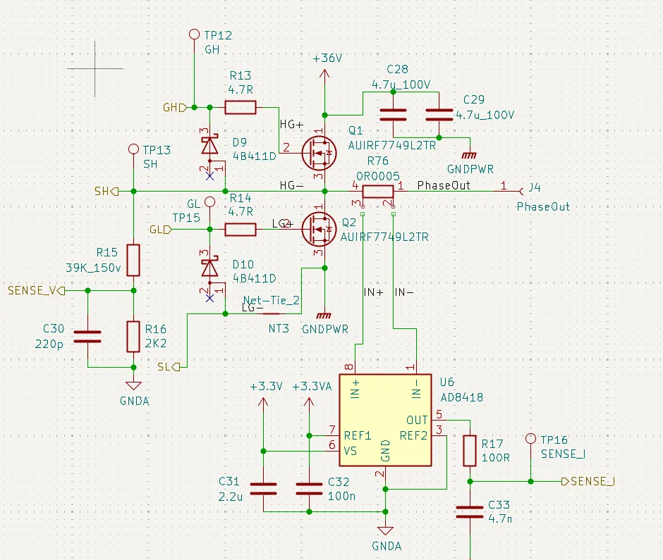 A custom motor-driver and current-sensing board designed in KiCAD